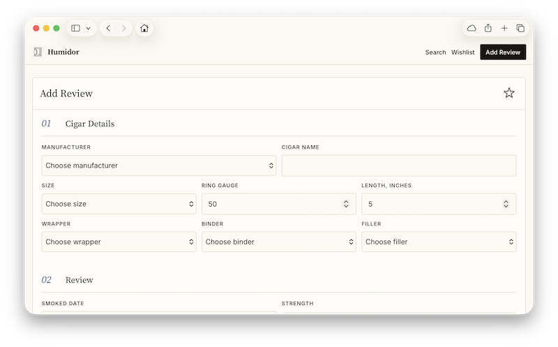 A screenshot of the add review page in Humidor.