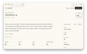 A screenshot of an individual cigar review in Humidor.