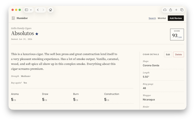 A screenshot of an individual cigar review in Humidor.