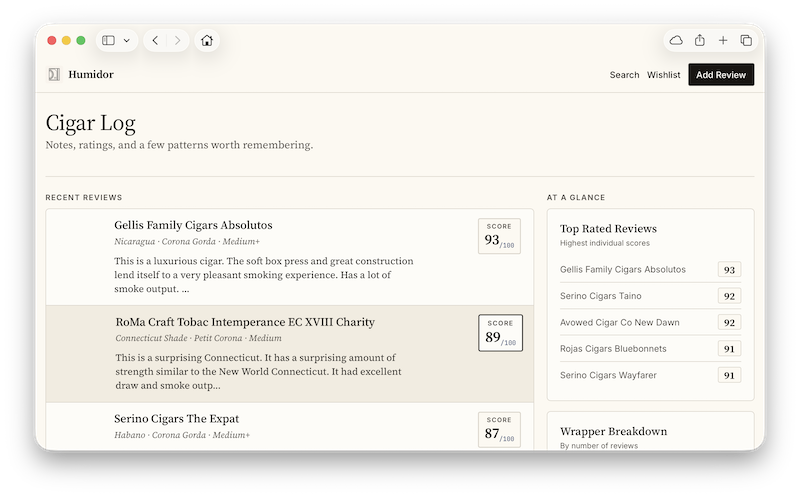 A screenshot of the Humidor web app landing page