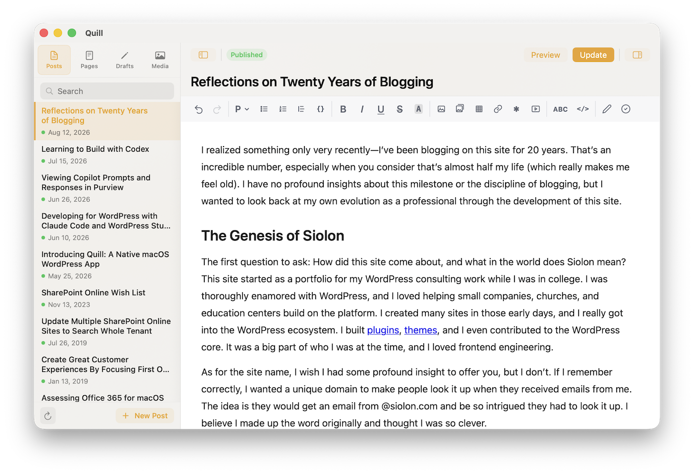 Screenshot of the previous version of the Quill UI