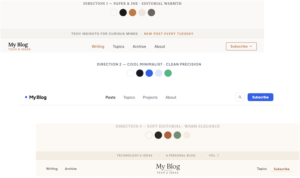 Various options provided by Claude Code for a blog design on WordPress.