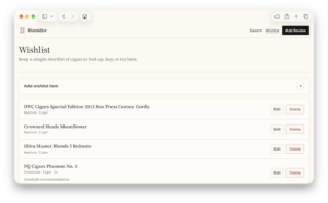 A screenshot of the wishlist page in Humidor.