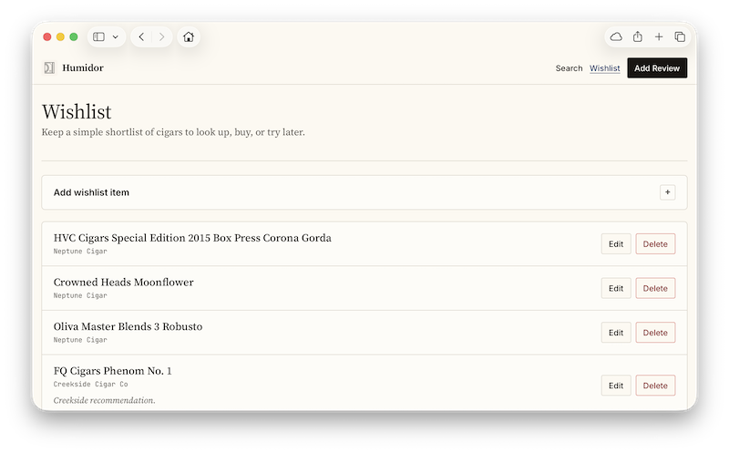 A screenshot of the wishlist page in Humidor.